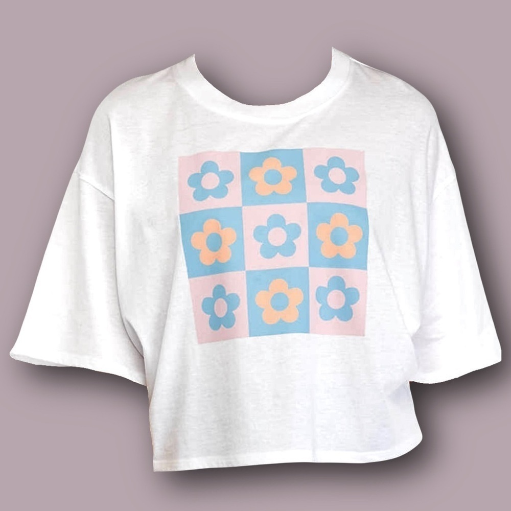 Juniors White Multicolored Oversized Flower Graphic T-Shirt
